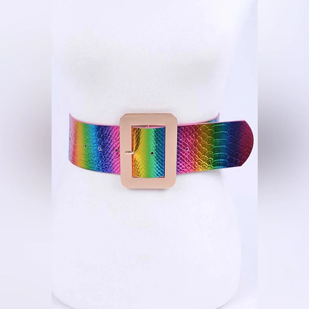 Rainbow Vegan Leather Snakeskin Animal Print Statement Belt